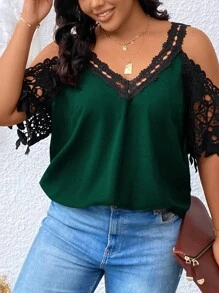 Calvaya Áo cánh trễ vai ren guipure tương phản cho mùa hè - Màu xanh lá cây đậm - Xem 5
