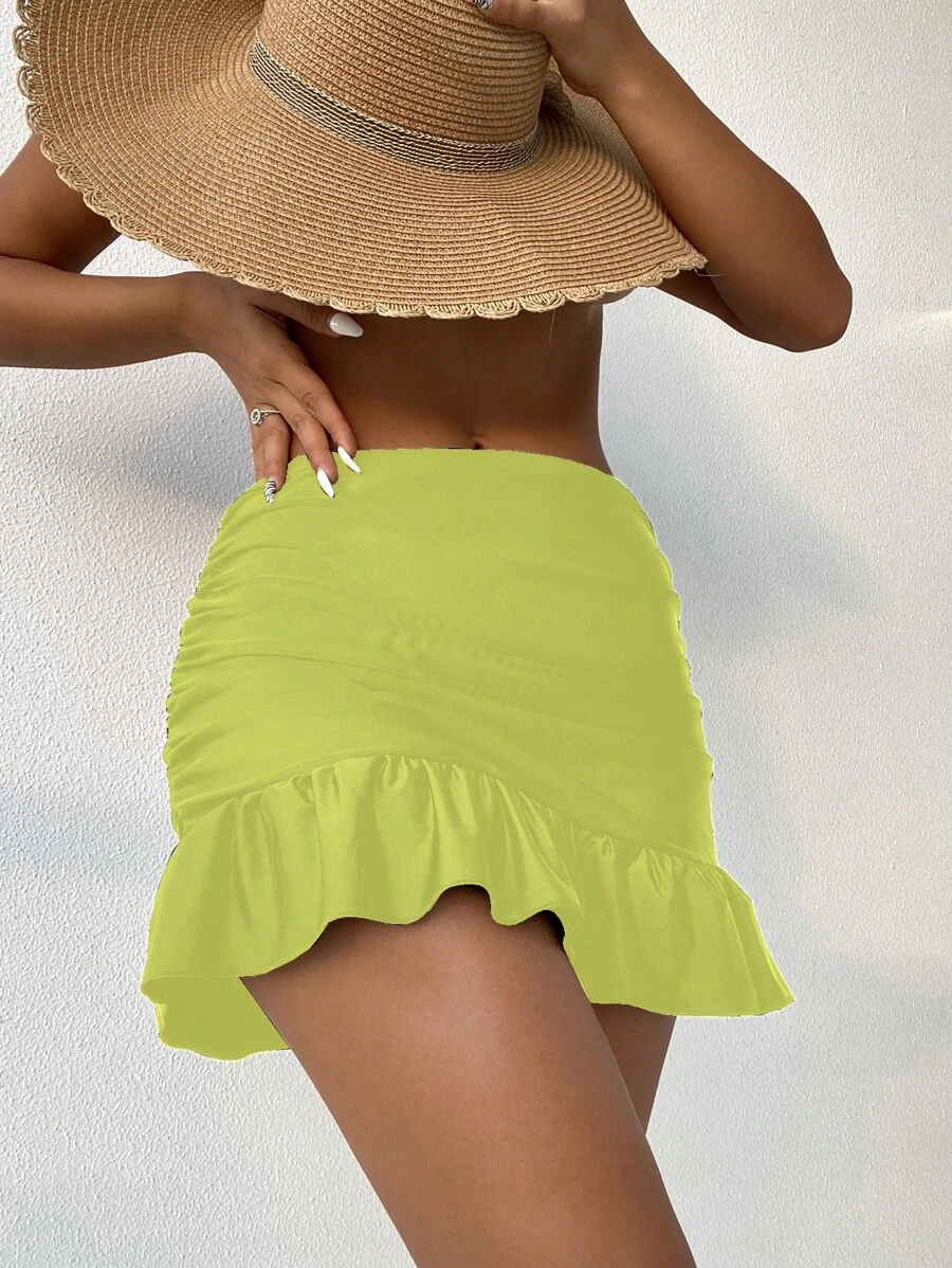 Ruffle Hem Ruched Cover Up Skirt, For Summer Beach Vacation - Yellow - View 1