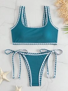 Whip Stitch Tie Side Bikini Set For Summer Beach - Blue - View 1
