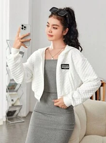 SHEIN Teen Girl Letter Patched Drop Shoulder Zip Up Sweatshirt - White - View 1