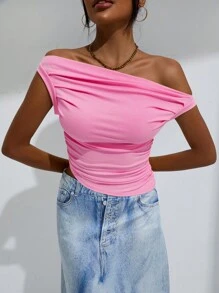 GENKIRA Asymmetrical Neck Ruched Top - Pink - View 1