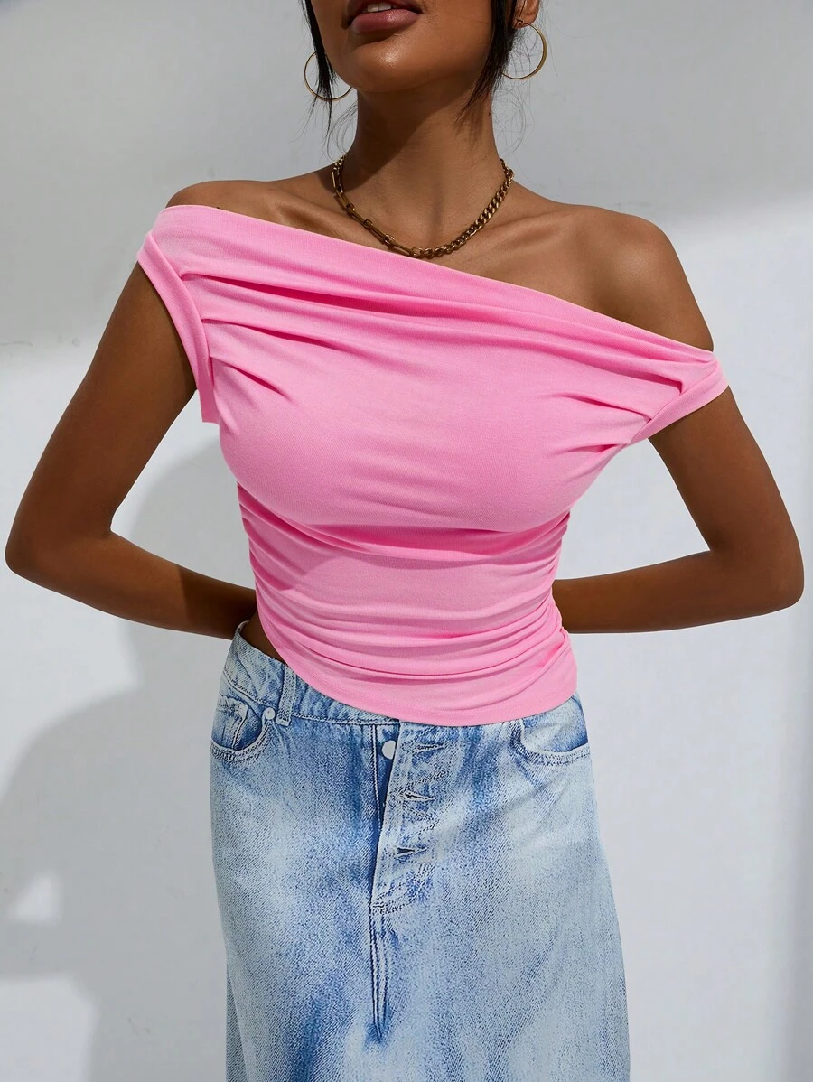 GENKIRA Asymmetrical Neck Ruched Top - Pink - View 1