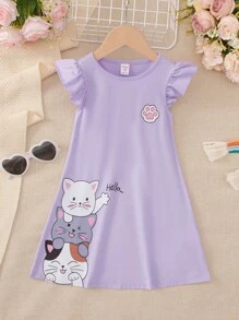 SHEIN Đầm bé gái Xù Hoạt hình Lá thư Dễ thương - Màu Lilac Tím - Xem 1