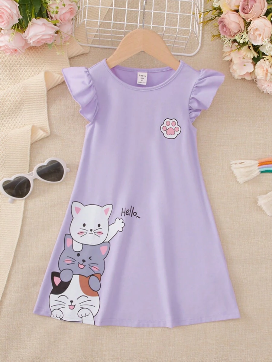 SHEIN Đầm bé gái Xù Hoạt hình Lá thư Dễ thương - Màu Lilac Tím - Xem 1