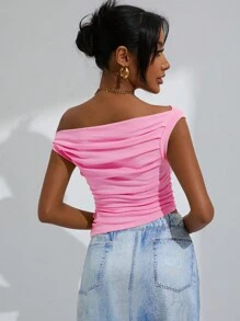 GENKIRA Asymmetrical Neck Ruched Top - Pink - View 2