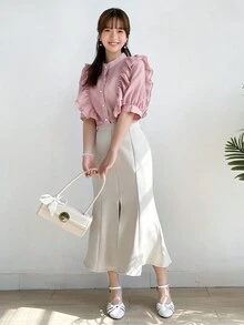 DAZY Solid Split Thigh Skirt - Beige - View 8