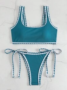 Whip Stitch Tie Side Bikini Set For Summer Beach - Blue - View 5