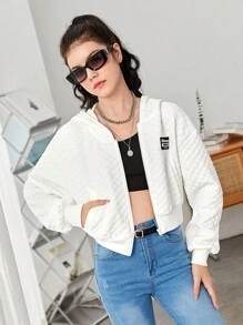 SHEIN Teen Girl Letter Patched Drop Shoulder Zip Up Sweatshirt - White - View 5