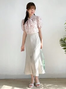 DAZY Solid Split Thigh Skirt - Beige - View 9