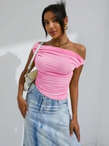 GENKIRA Asymmetrical Neck Ruched Top - Pink - View 3