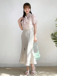 DAZY Solid Split Thigh Skirt - Beige - View 10