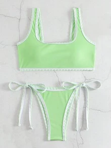 包縫側繫帶比基尼泳裝 - 綠色 - 查看 5