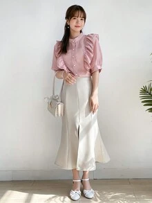 DAZY Solid Split Thigh Skirt - Beige - View 11