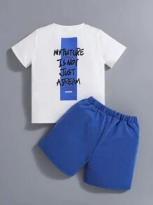 SHEIN Bộ thời trang bé trai Túi Slogan Giải trí - Màu xanh lam - Xem 1