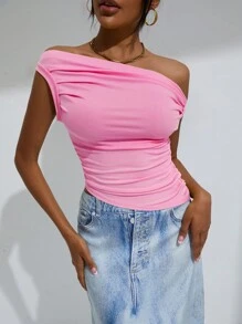 GENKIRA Asymmetrical Neck Ruched Top - Pink - View 6