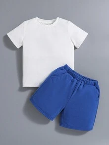 SHEIN Bộ thời trang bé trai Túi Slogan Giải trí - Màu xanh lam - Xem 2