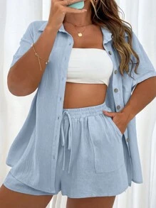 SHEIN Holidaya Hơn Chất rắn Nút phía trước Áo sơ mi - Màu xanh nhạt - Xem 1