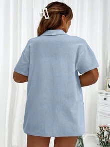 SHEIN Holidaya Hơn Chất rắn Nút phía trước Áo sơ mi - Màu xanh nhạt - Xem 2