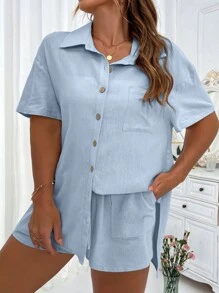 SHEIN Holidaya Hơn Chất rắn Nút phía trước Áo sơ mi - Màu xanh nhạt - Xem 3