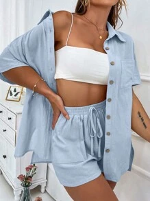 SHEIN Holidaya Hơn Chất rắn Nút phía trước Áo sơ mi - Màu xanh nhạt - Xem 4