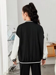 SHEIN Teen Girl Letter Graphic Two Tone Drop Shoulder Varsity Jacket,In Fall/Winter - Black and White - View 3