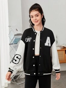 SHEIN Teen Girl Letter Graphic Two Tone Drop Shoulder Varsity Jacket,In Fall/Winter - Black and White - View 4