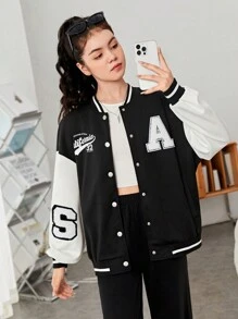 SHEIN Teen Girl Letter Graphic Two Tone Drop Shoulder Varsity Jacket,In Fall/Winter - Black and White - View 5