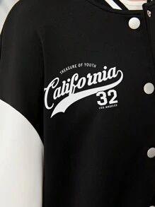 SHEIN Teen Girl Letter Graphic Two Tone Drop Shoulder Varsity Jacket,In Fall/Winter - Black and White - View 6