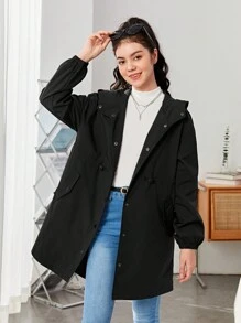 SHEIN 青少年女孩腰部抽繩翻蓋細節連帽外套 - 黑色 - 查看 1