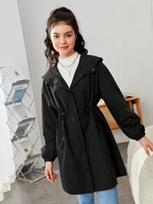 SHEIN 青少年女孩腰部抽繩翻蓋細節連帽外套 - 黑色 - 查看 3