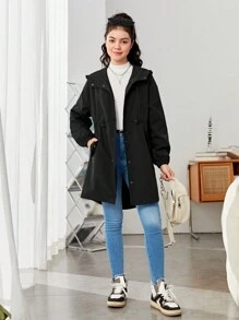 SHEIN 青少年女孩腰部抽繩翻蓋細節連帽外套 - 黑色 - 查看 4