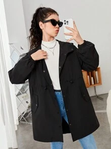 SHEIN 青少年女孩腰部抽繩翻蓋細節連帽外套 - 黑色 - 查看 6