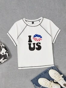 SHEIN EZwear Plus Letter Graphic Top-stitching Raglan Sleeve Tee - White - View 1