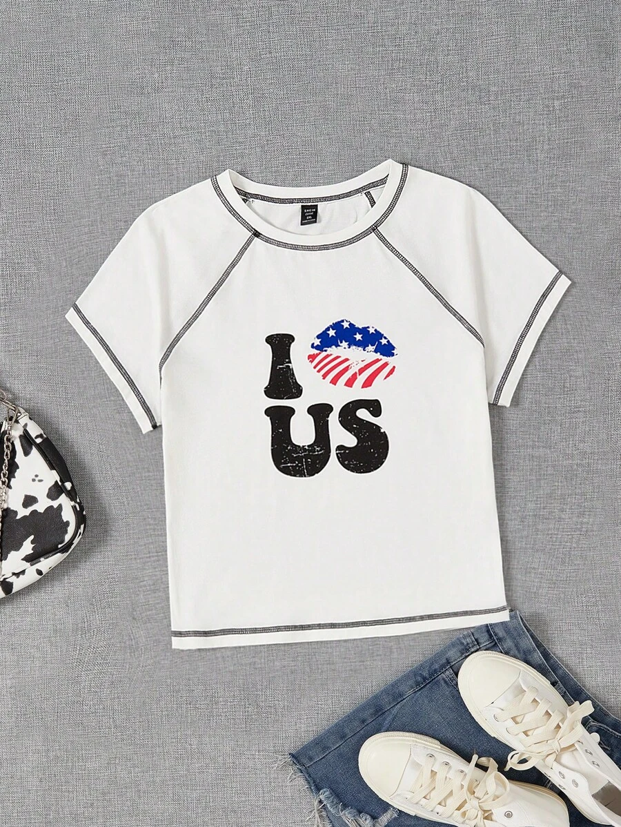 SHEIN EZwear Plus Letter Graphic Top-stitching Raglan Sleeve Tee - White - View 1