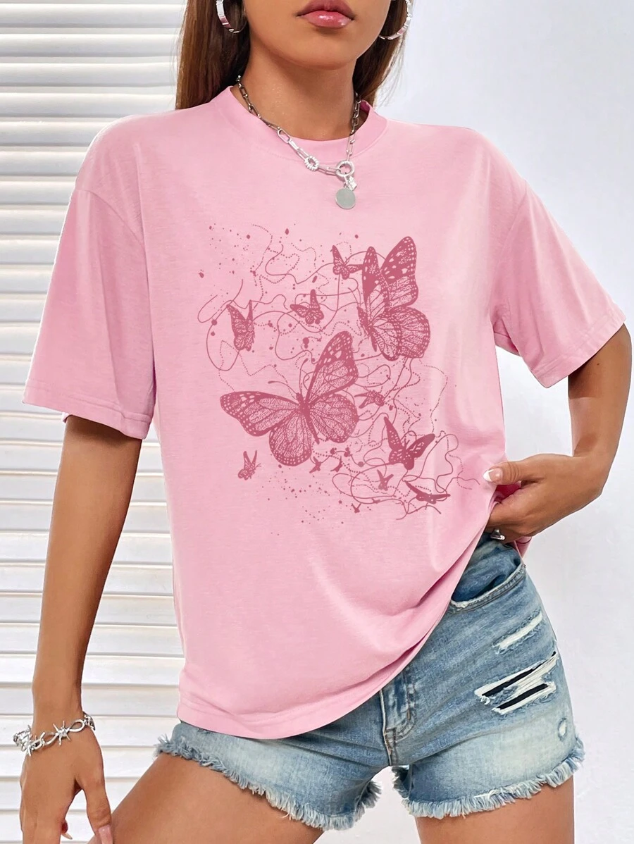 INAWLY In bướm Áo thun Thả vai - Hồng - Xem 1