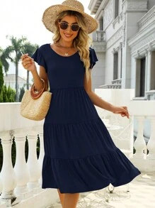 Đầm Xù Viên lá sen màu trơn Giải trí - Màu xanh hải quân - Xem 1