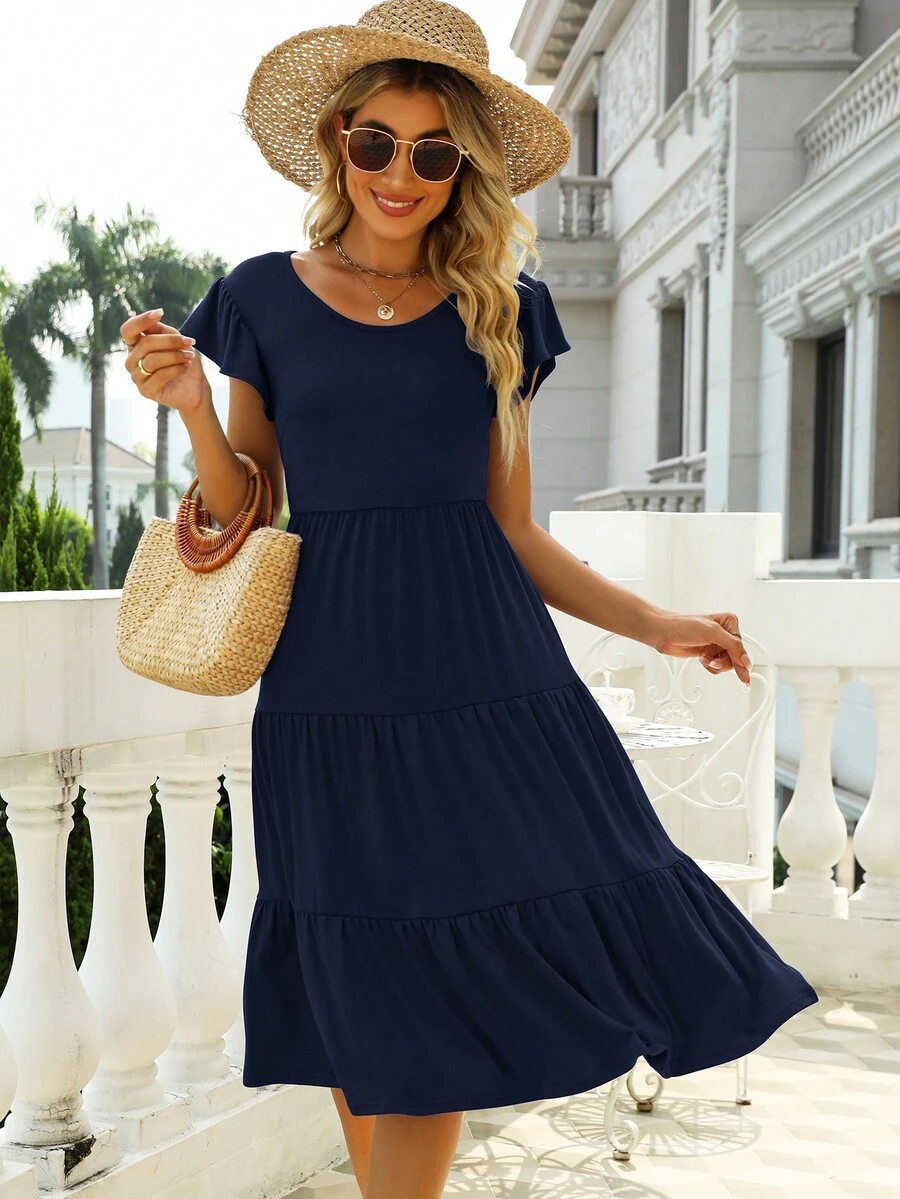 Đầm Xù Viên lá sen màu trơn Giải trí - Màu xanh hải quân - Xem 1