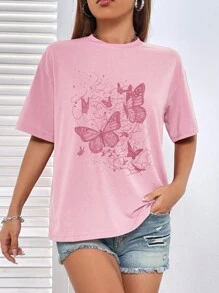 INAWLY 蝴蝶圖案落肩T恤 - 粉色 - 查看 3