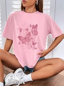 INAWLY 蝴蝶圖案落肩T恤 - 粉色 - 查看 4