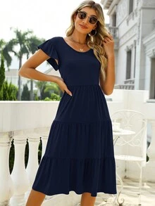 Đầm Xù Viên lá sen màu trơn Giải trí - Màu xanh hải quân - Xem 5