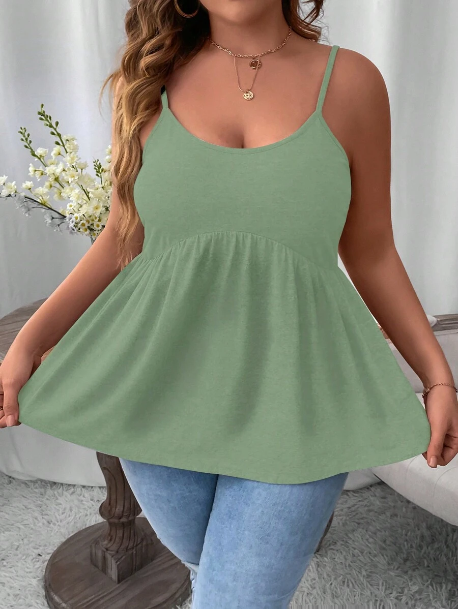 Calvaya Áo hai dây Plus Size Viên lá sen màu trơn Giải trí - Màu xanh Bạc hà - Xem 1