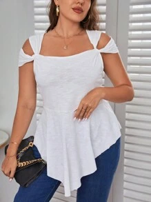 SHEIN Privé Plus Cold Shoulder Asymmetrical Hem Tee - White - View 1