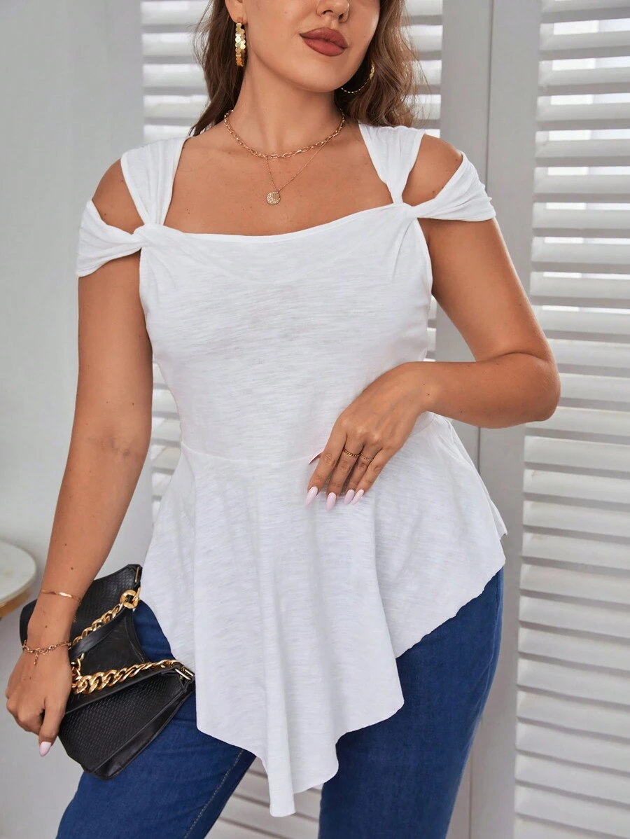 SHEIN Privé Plus Cold Shoulder Asymmetrical Hem Tee - White - View 1