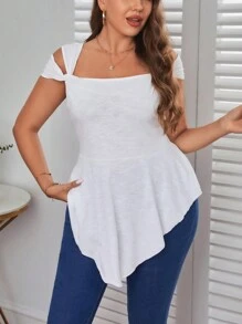 SHEIN Privé Plus Cold Shoulder Asymmetrical Hem Tee - White - View 4
