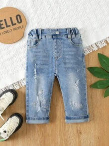 Pantalones de mezclilla de pierna recta rasgados sólidos para bebé niño - Lavado ligero - Ver 1