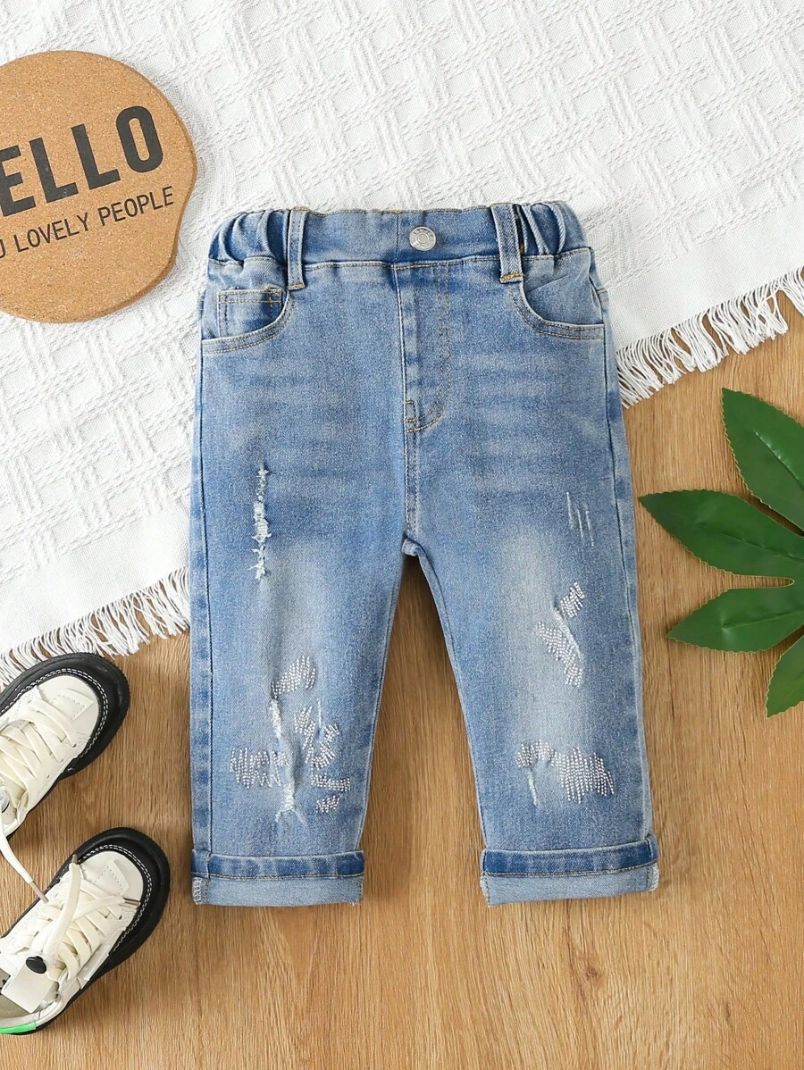 Pantalones de mezclilla de pierna recta rasgados sólidos para bebé niño - Lavado ligero - Ver 1