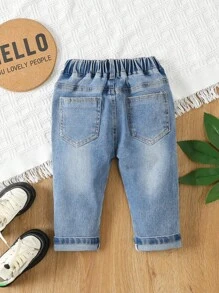 Pantalones de mezclilla de pierna recta rasgados sólidos para bebé niño - Lavado ligero - Ver 2