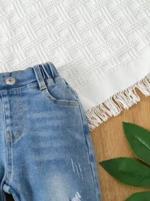 Pantalones de mezclilla de pierna recta rasgados sólidos para bebé niño - Lavado ligero - Ver 3