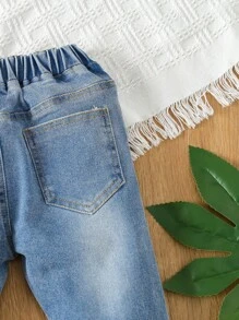 Pantalones de mezclilla de pierna recta rasgados sólidos para bebé niño - Lavado ligero - Ver 4