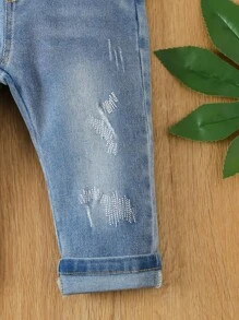 Pantalones de mezclilla de pierna recta rasgados sólidos para bebé niño - Lavado ligero - Ver 5